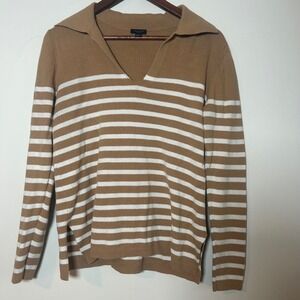 Ann Taylor Polo Sweater Women Medium Brown White Striped Cotton V-Neck